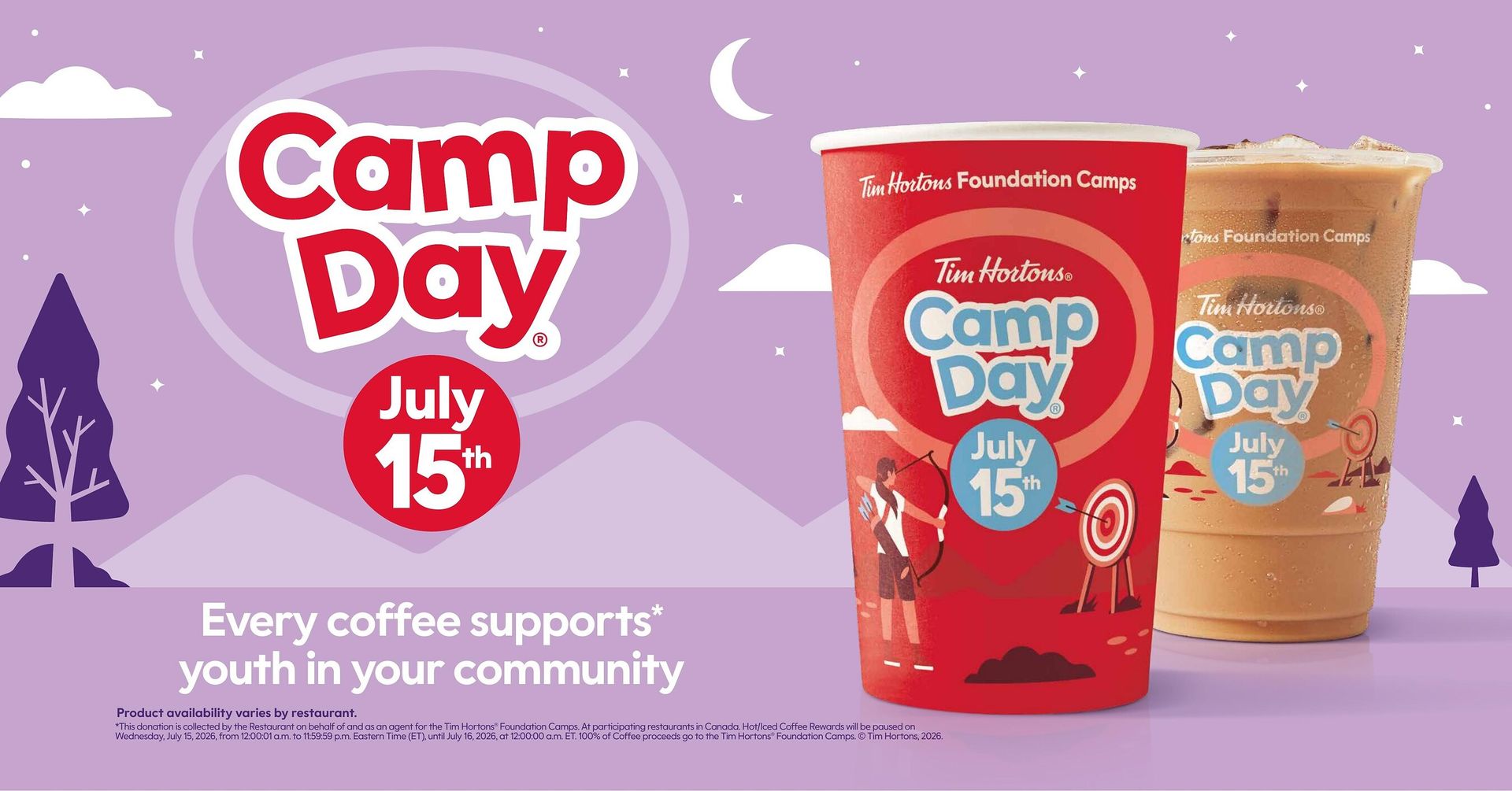 Tim Hortons Camp Day is back on July 15 with 100% of all hot and iced coffee proceeds donated to Tim Hortons Foundation Camps!
