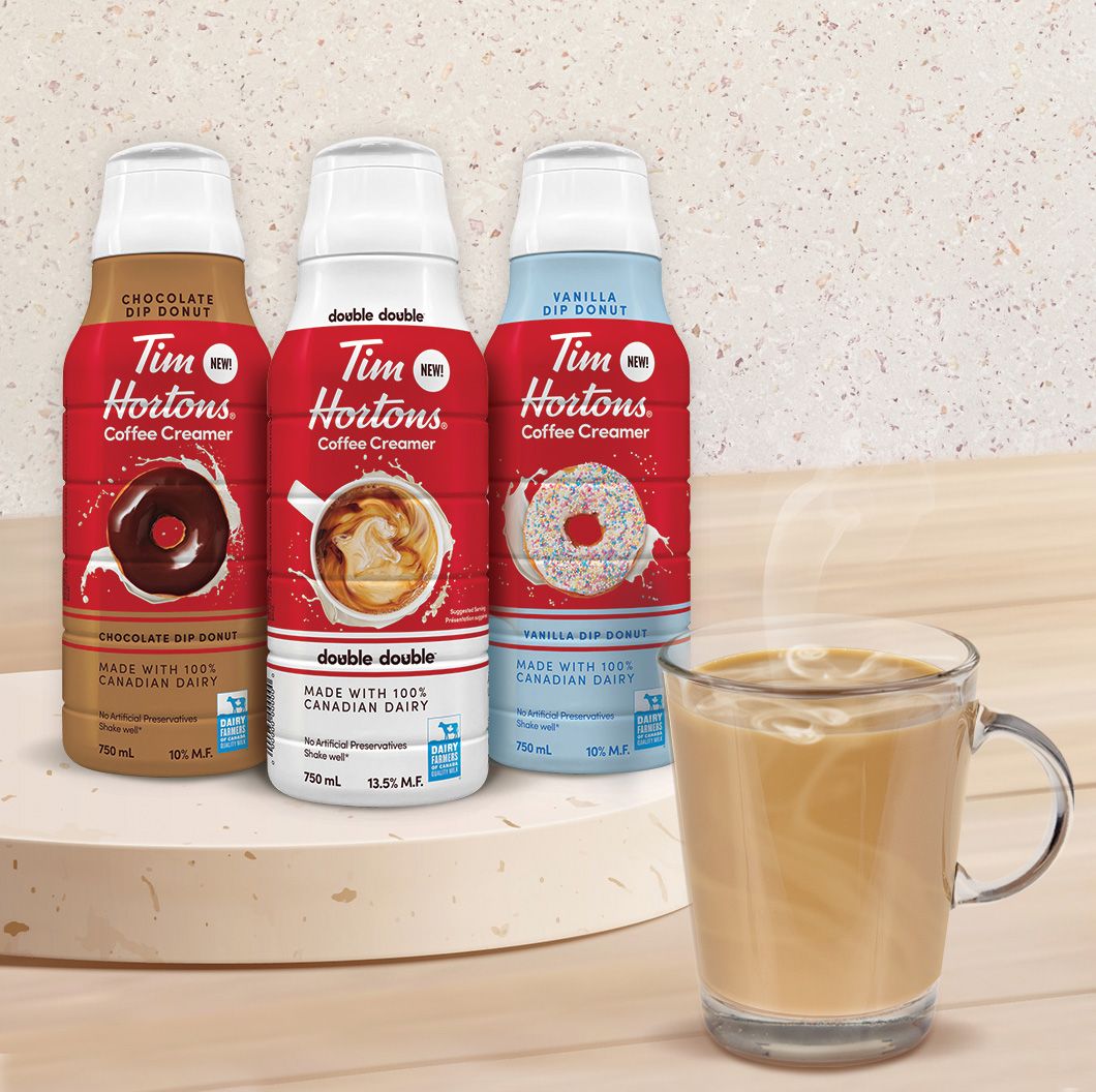 NEW Tim Hortons Coffee Creamers now available at grocery stores across Canada in three signature flavours: Double Double, Vanilla Dip Donut and Chocolate Dip Donut