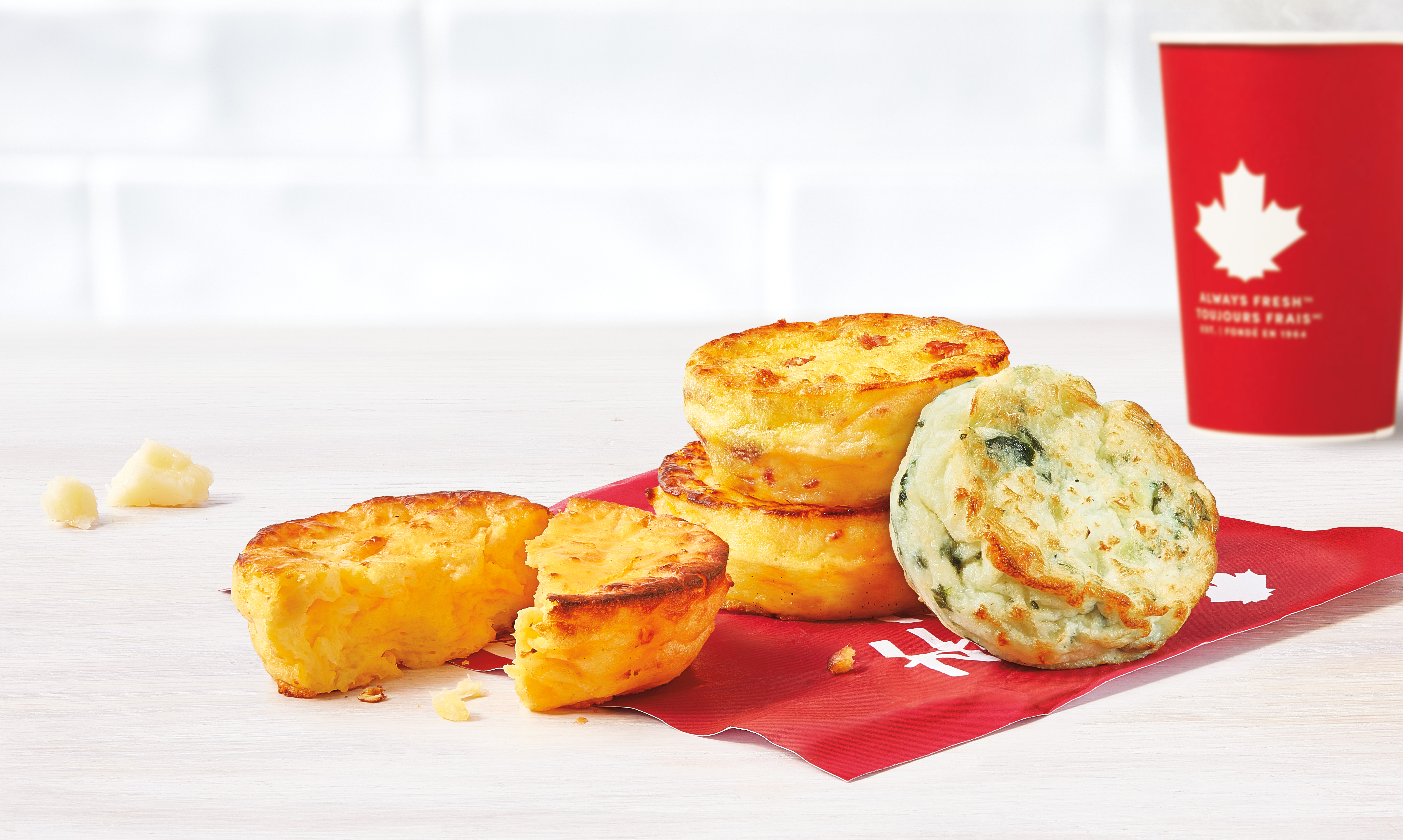 Try the delicious new Four Cheese Omelette Bites at Tim Hortons, a high-protein breakfast option or afternoon snack