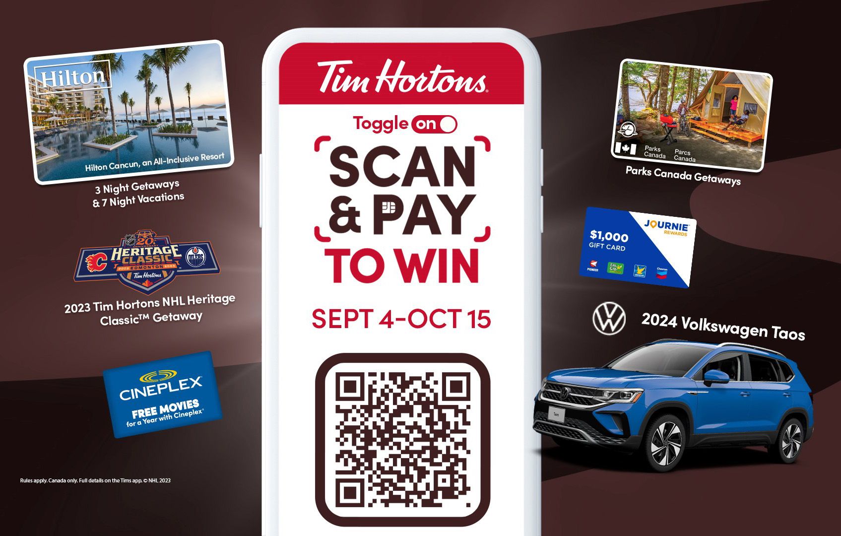 Coming Soon: Turn on and use the Scan & Pay feature in the Tim Hortons app and each eligible purchase earns a chance to win a 2024 Volkswagen Taos and other weekly prizes