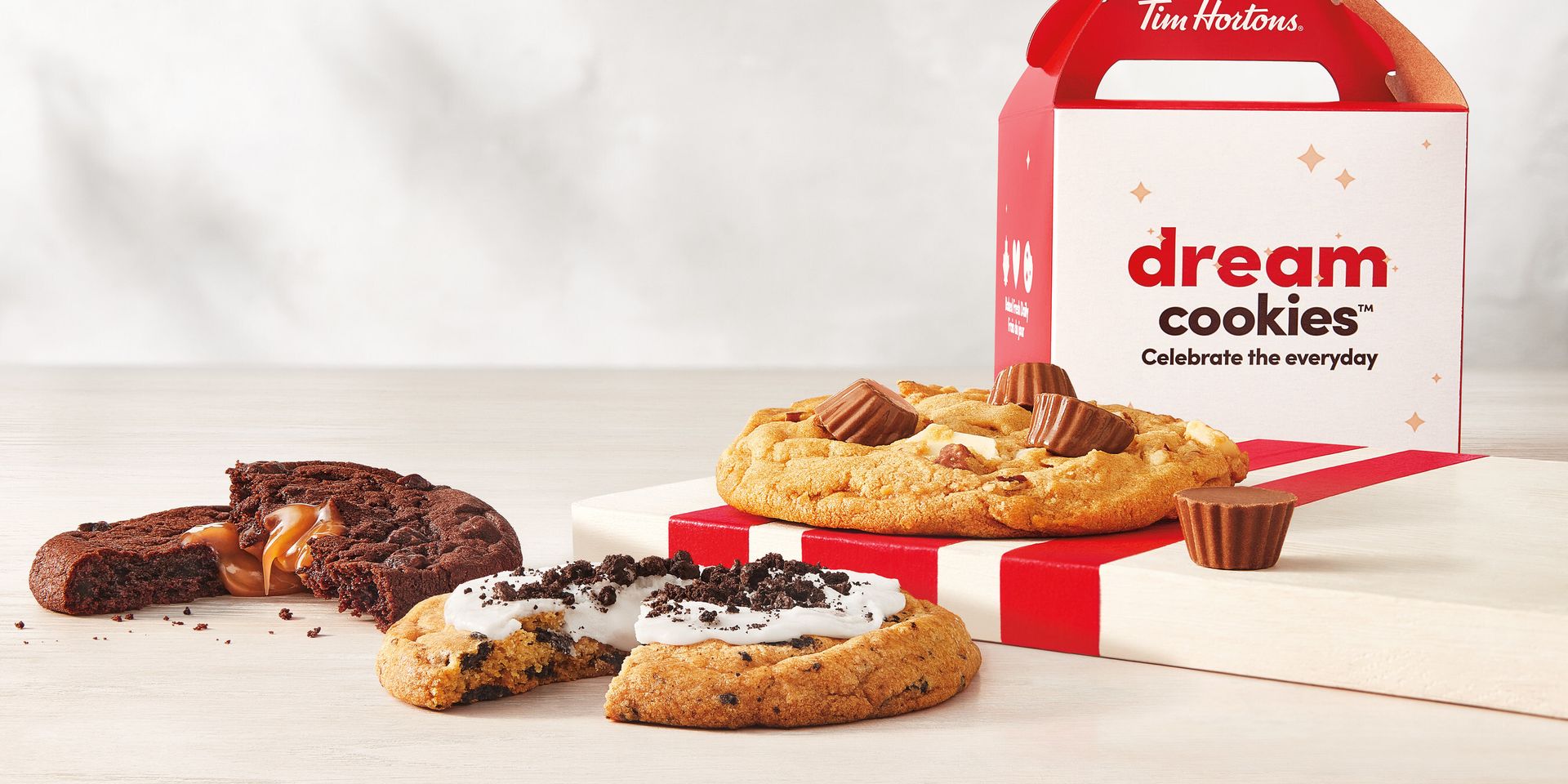 Introducing two new Tim Hortons Dream Cookies flavours - OREO DOUBLE STUF® and CARAMILK®- and two new Filled Ring Dream Donuts!