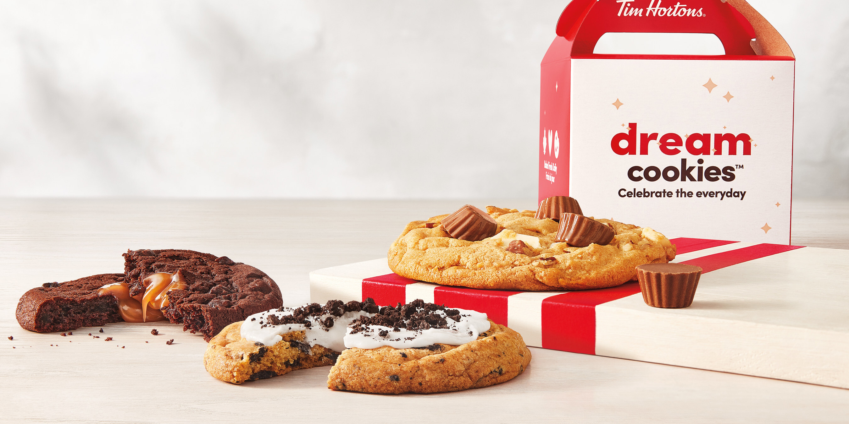Introducing two new Tim Hortons Dream Cookies flavours - OREO DOUBLE STUF® and CARAMILK®- and two new Filled Ring Dream Donuts!