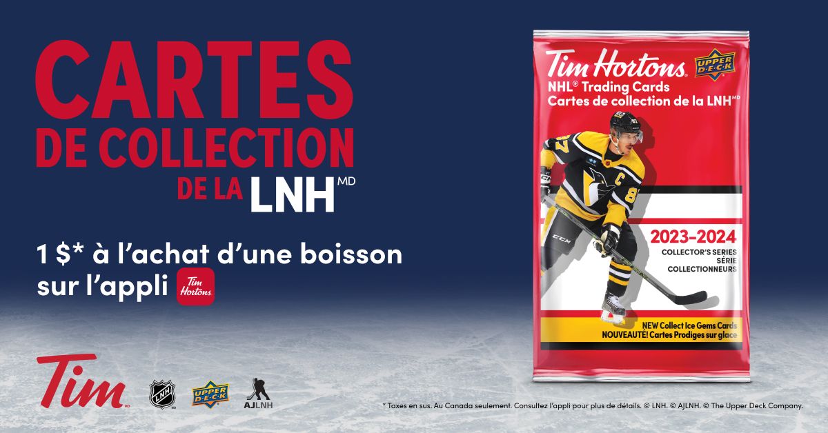 Célébrez la saison 2023-2024 de la LNH avec le retour des cartes de collection de la LNH, des soirées d’échange de cartes dans les restaurants Tim et du Défi de hockey de la LNH de Tim Hortons!